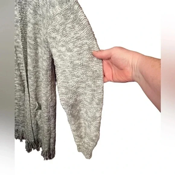 GAP Longline Boho Fringe Open Front Heather Gray Cardigan Sweater - Picture 3 of 11